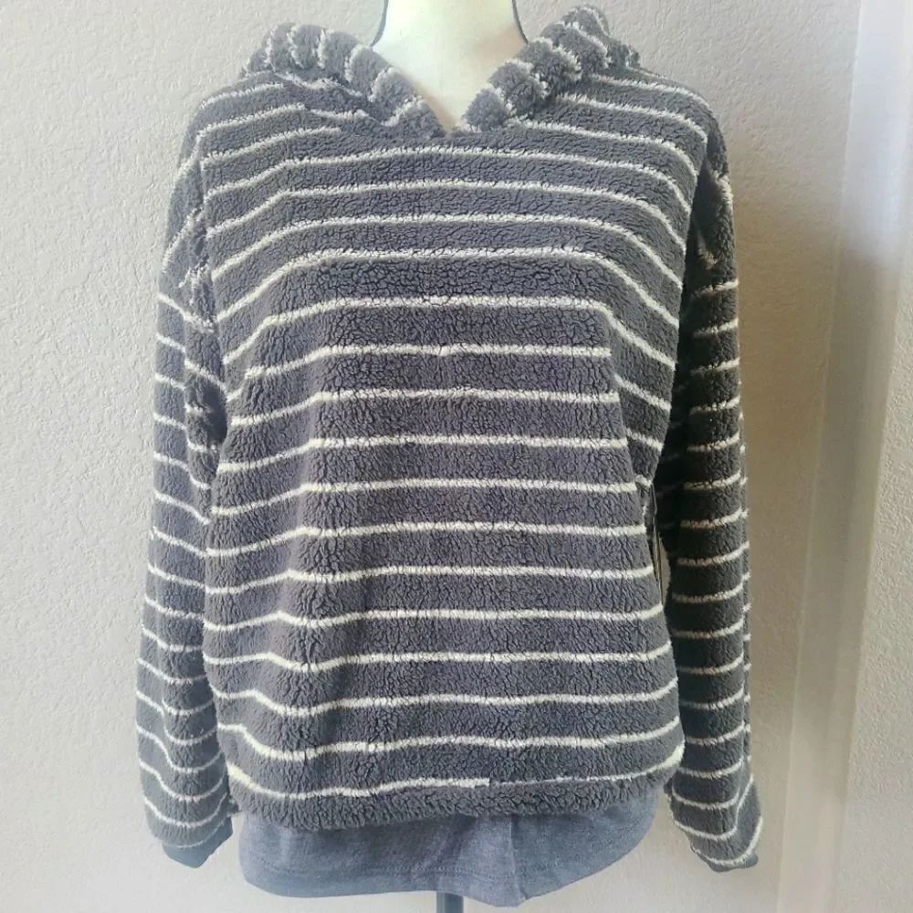 Vintage Havana Plush Stripe Fuzzy Fleece sweatshirt hoodie Grey top S New